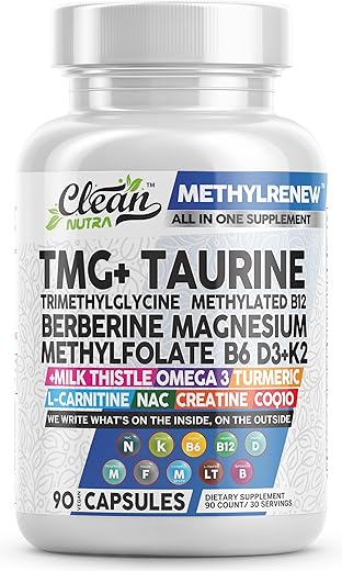 Clean Nutraceuticals - Clean Nutra TMG Taurine – Multivitamina Metilada com Vitaminas B6, B12, D3 K2, Berberina, Magnésio, Metilfolato, Cardo de Leite, Ômega 3, Cúrcuma, NAC e L-Carnitina | Marca Clean Nutra