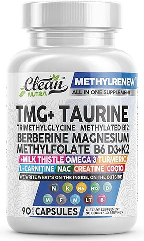 Clean Nutraceuticals - Clean Nutra TMG Taurine – Multivitamina Metilada com Vitaminas B6, B12, D3 K2, Berberina, Magnésio, Metilfolato, Cardo de Leite, Ômega 3, Cúrcuma, NAC e L-Carnitina | Marca Clean Nutra