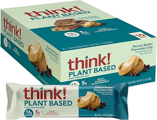 THINK - think! Barras Veganas/à base de plantas de alta proteína – Manteiga de Amendoim com Gotas de Chocolate, 13g Proteína, 5g Açúcar, Sem Adoçantes Artificiais, Verificado pelo Projeto Non GMO, 10 Unidades (Embalagem pode variar)
