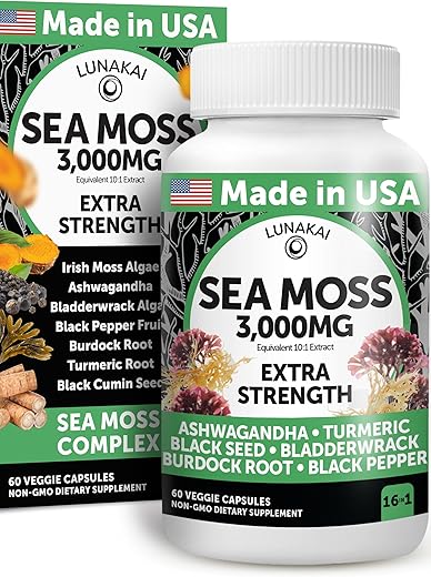 Cápsulas de Musgo do Mar Irlandês com Óleo de Semente Preta, Ashwagandha e Raiz de Bardana – Feito nos EUA - Lunakai