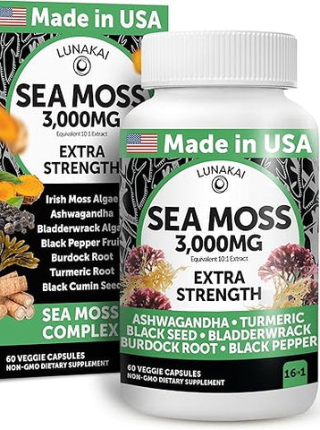 Cápsulas de Musgo do Mar Irlandês com Óleo de Semente Preta, Ashwagandha e Raiz de Bardana – Feito nos EUA - Lunakai