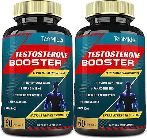 Tenmido - 2 Pacotes de 60 cápsulas de Suplemento Estimulante de Testosterona para Homens, Equivalente a 10000mg – Resistência Natural, Energia Duradoura