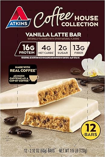Coffee House Collection Barra Vanilla Latte – 16g Proteína, 2g Açúcar, 4g Carboidratos Líquidos, 13g Fibra – 12 Unidades - Atkins