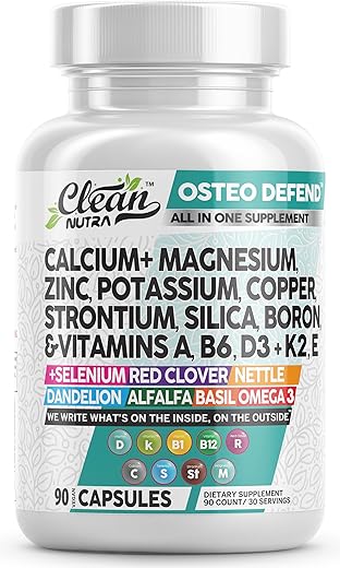 Clean Nutraceuticals - Suplemento de Cálcio Magnésio Zinco com Potássio, Cobre, Estrôncio, Sílica, Vitamina D3 K2, Boro, Vitamina B1 B12 Erva de Trevo Vermelho Alfafa Manjericão Cápsulas para Homens e Mulheres Limpo