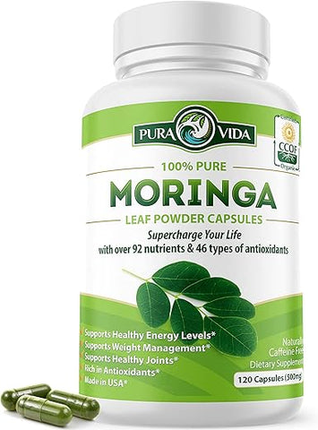 PURA VIDA MORINGA - PURA VIDA Moringa Cápsulas em Pó Orgânico de Origem Única. Folha de Moringa. Energia, Metabolismo