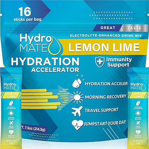 NatureWorks - HydroMATE: Pó de Eletrólitos Limão Baixo Açúcar – Hidratante Acelerador de Hidratação em Sachês com Vitamina C – 16 Sticks