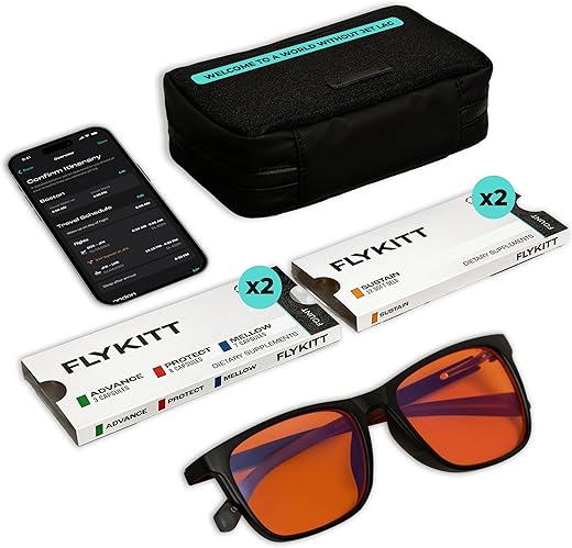 FlyKitt Sistema de Prevenção de Jet Lag | Essenciais de Voo com Programação Personalizada de Suplementos Controlada por App e Óculos com Filtro de Luz Azul | Previna o Jet Lag para uma Viagem Completa - Fount