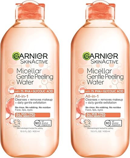 SkinActive Água Micelar Esfoliante Suave com 1%% PHA e Ácido Glicólico, Esfoliante Facial, Limpeza Facial e Removedor de Maquiagem, 2 Unidades - Garnier