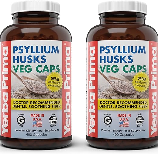 Psyllium Husks Veg Caps – 400 Cápsulas (625mg) (Pacote com 2) – Vegano, Não-OGM, Livre de Glúten – Limpeza do Cólon, Suplemento Diário de Fibras para Saúde Intestinal - Yerba Prima