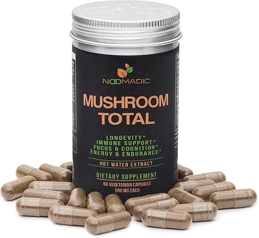 Noomadic - Mushroom Total 60 Cápsulas 500mg 30%% Beta Glucanos Complexo Adaptogênico de Cogumelo do Leão, Cauda de Peru, Chaga, Reishi, Cordyceps, Extrato em Água Quente, Corpos Frutíferos