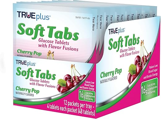 Soft Tabs Tabletes de Glicose – 12 Pacotes – 48 tabs (Sabor Cereja) - TRUEplus
