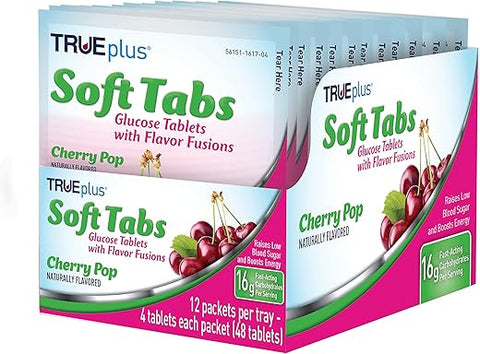 Soft Tabs Tabletes de Glicose – 12 Pacotes – 48 tabs (Sabor Cereja) - TRUEplus