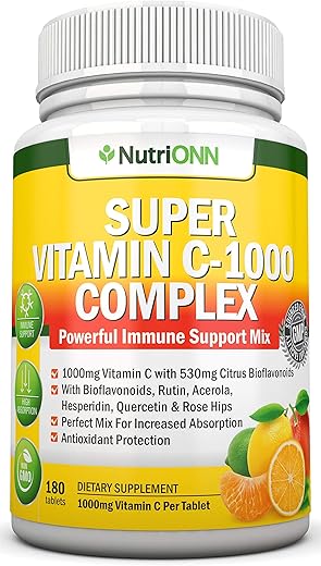 NutriONN - Super Complexo de Vitamina C – 1695mg – 180 Comprimidos – Com 530mg de Bioflavonoides Cítricos Naturais, Rosa Mosqueta, Rutina, Quercetina | Marca: Super Vitamin C