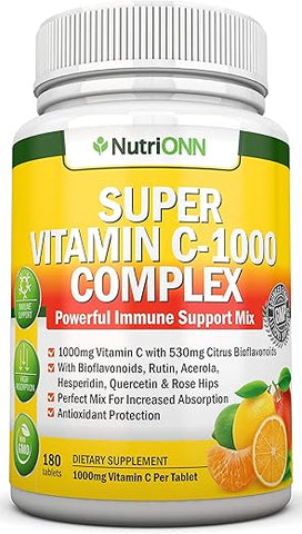 NutriONN - Super Complexo de Vitamina C – 1695mg – 180 Comprimidos – Com 530mg de Bioflavonoides Cítricos Naturais, Rosa Mosqueta, Rutina, Quercetina | Marca: Super Vitamin C