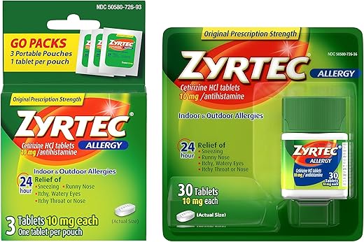 24 Horas Alívio de Alergia Comprimidos, Medicamento Antialérgico com 10 mg de Cetirizina HCI, Kit com 1 x 30 ct e 1 x 3 ct Embalagem de Viagem - Zyrtec