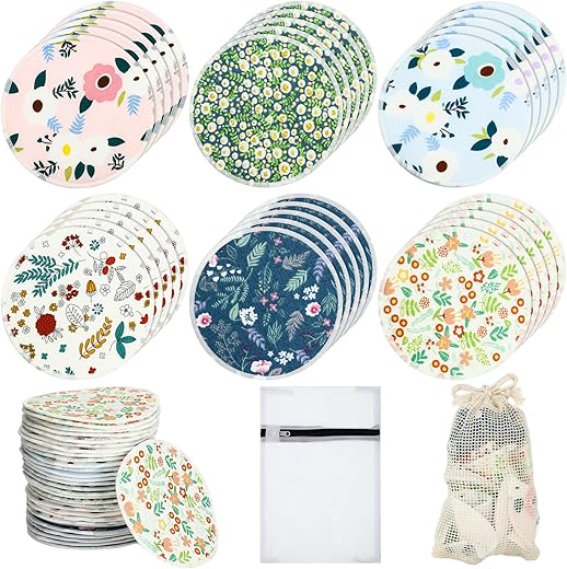 30 Pcs Almofadas de Amamentação Reutilizáveis de Bambu com Bolsa Úmida e de Lavanderia – Pads Florais para Mamilos – Presente para Mães que Amamentam (Padrão Fresco) - Sosation