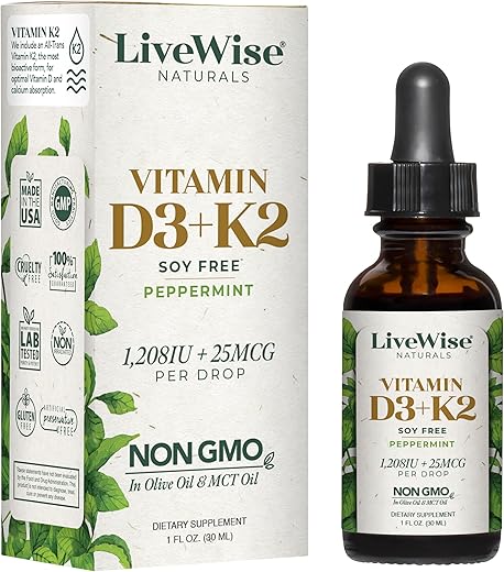 Live Wise Naturals - Vitamina D3 com K2 Líquida, Natural, Não GMO, 1208UI D3 e 25mcg K2 (MK7) por Porção, Fortaleça seus Ossos, Sistema Imunológico e Níveis de Energia, com ou sem Hortelã-Pimenta