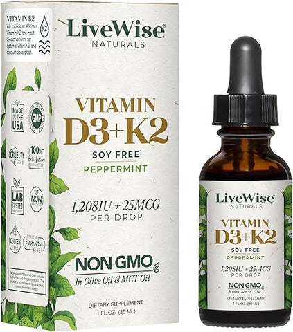 Live Wise Naturals - Vitamina D3 com K2 Líquida, Natural, Não GMO, 1208UI D3 e 25mcg K2 (MK7) por Porção, Fortaleça seus Ossos, Sistema Imunológico e Níveis de Energia, com ou sem Hortelã-Pimenta