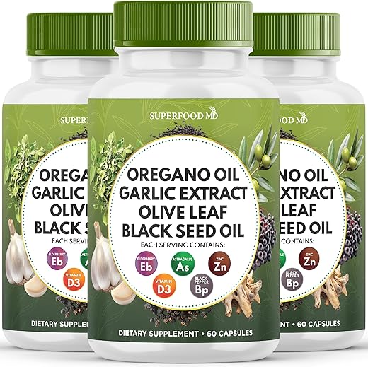 Superfood MD - Óleo de Orégano 6000mg Extrato de Alho 4000mg Folha de Oliveira 3000mg Óleo de Semente Negra 3000mg Suporte Imunológico Astragalus