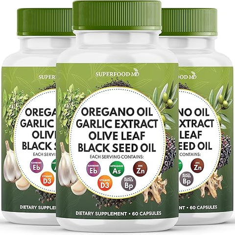 Superfood MD - Óleo de Orégano 6000mg Extrato de Alho 4000mg Folha de Oliveira 3000mg Óleo de Semente Negra 3000mg Suporte Imunológico Astragalus