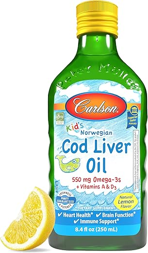 Óleo de Fígado de Bacalhau Carlson para Crianças – 550 mg Ômega-3, Vitamina A – 60 cápsulas