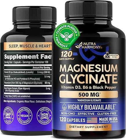 NUTRAHARMONY - Magnésio Glicinato 500 mg – Suplemento com Vitamina D3 : Magnésio Glicinato 500 mg