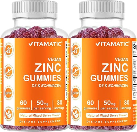 Zinc 50mg Gummies – 2 Pacotes de 60 Gomas Veganas – Livre de Glúten – Suporte Imunológico Saudável para Adultos, Homens, Mulheres - Vitamatic