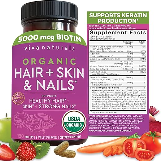 Viva Naturals - Vitaminas Orgânicas para Cabelo, Pele e Unhas – Biotina Vegetariana para Apoio à Saúde de Cabelo, Pele e Unhas com Vitamina E