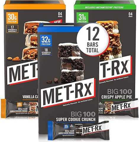 Big 100 Colossal Barras de Proteína Sortidas, Super Cookie Crunch, Baunilha Caramelo Churro e Torta de Maçã Crocante, Marrom, 12 Unidades - MET-Rx