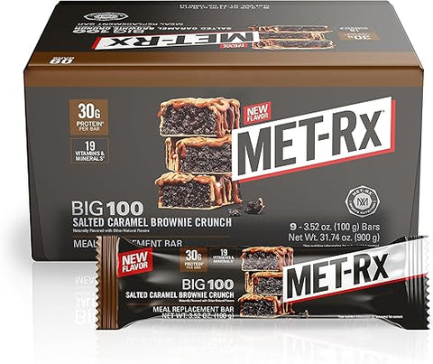 Big 100 Barra de Proteína, Substituto de Refeição, 30g Proteína, Sabor Brownie de Caramelo Salgado Crocante, 9 Unidades, 100g cada - MET-Rx