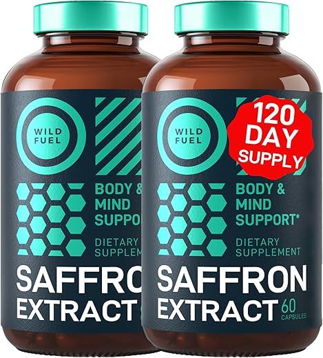 WILD FUEL - Extrato Puro de Açafrão – Antioxidante para Saúde dos Olhos, Energia e Humor – Happy Saffron – 0,3% Safranal 88,5mg – Suplemento Orgânico de Açafrão – 120 Dias – Livre de Glúten, Não-OGM