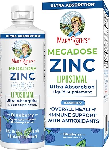 Suplemento Nutricional Líquido Lipossomal de Zinco com Vitamina E | Saúde Geral e Cuidados com a Pele | Mirtilo | Vegano, Não-OGM, Sem Glúten, Sem Açúcar | 30ml - MaryRuth Organics