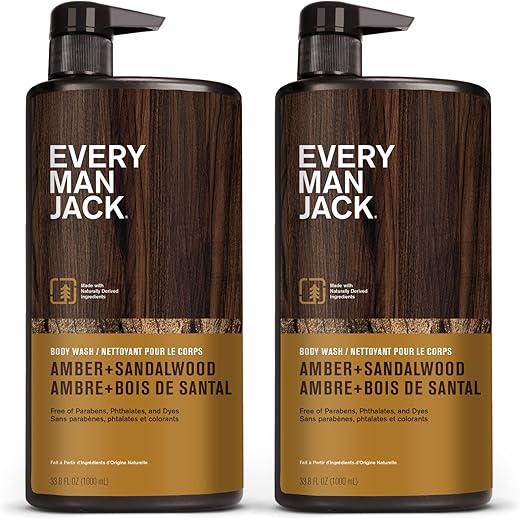 Sabonete Líquido Corporal para Homens Amber Sandalwood – Todos os Tipos de Pele – Limpeza, Hidratação e Fragrância Incrível – Livre de Parabenos, Ftalatos e Corantes – 1000 ml (2 Unidades) - Every Man Jack