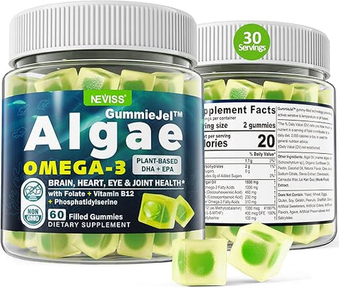 NEVISS - Gomas Veganas de Ômega 3 1000mg, Alternativa ao Óleo de Peixe Ômega 3, Suplemento de Ômega 3 de Algas Marinhas DHA 460mg, EPA 230mg c/ Vitamina B12, Ácido Fólico, PS para Cérebro, Osso, Articulação, Olhos