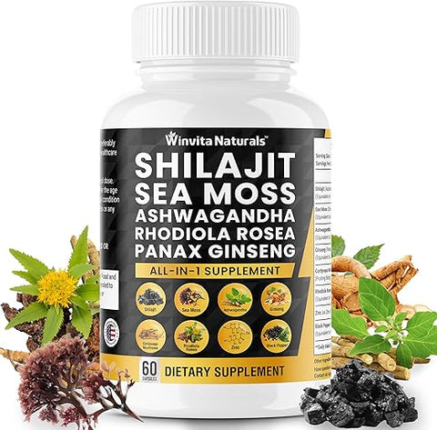 Winvita Naturals - Shilajit Puro Himalaia Orgânico 10.000mg Sea Moss 6000mg Ashwagandha 3000mg Panax Ginseng 3000mg Cordyceps Rhodiola Rosea 1000mg Zinco, Ácido Fúlvico