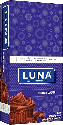 Clif Bar - LUNA BAR – Barras de Lanche sem Glúten – Cupcake de Chocolate – 8g de Proteína – Não-OGM – Lanche Saudável à Base de Plantas – Snacks para Levar (Barras de Lanche de 48g, 15 Unidades)