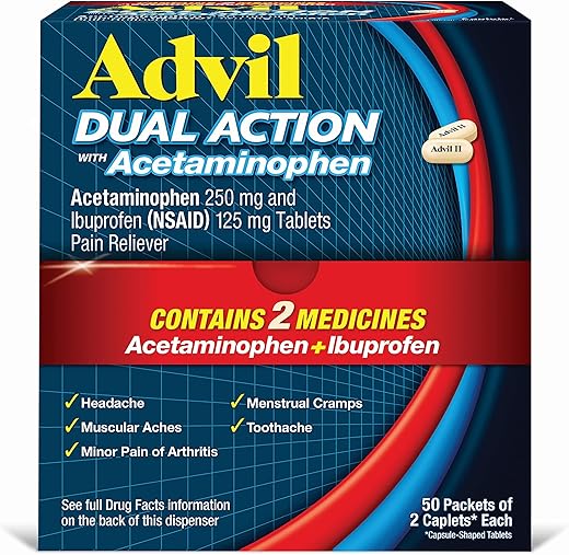Dual Action Coated Caplets – Alívio da Dor por 8 Horas – 2 Unidades x 50 – 250 mg Ibuprofeno e 500 mg Acetaminofeno por Dose - Advil