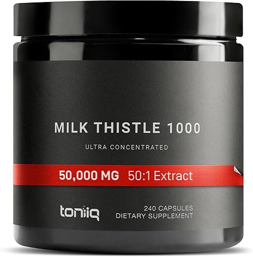 Extrato de Cardo de Leite Concentrado 50x 50.000mg – 1000mg por Porção – 80% Silimarina – Cápsulas de Suplemento de Cardo de Leite Bioativo – 240 cápsulas - Toniiq