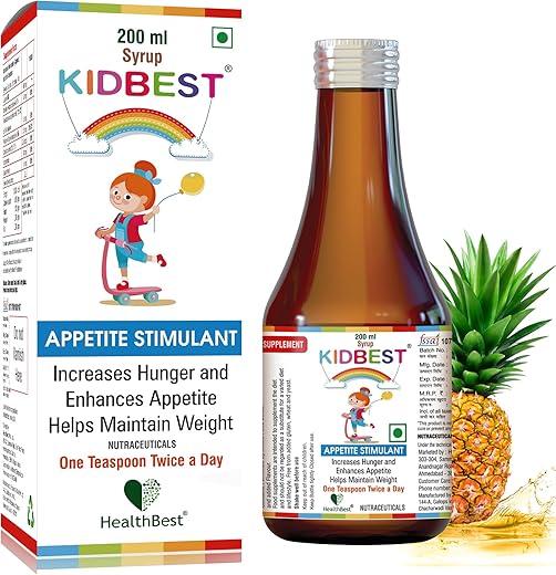 HealthBest - Kidbest Xarope Estimulante de Apetite para Crianças de 3 a 13 Anos | Aumenta o Apetite | Ajuda a Manter o Peso | Livre de Glúten | L-Lisina HCI, Vitaminas B1, B2, B6, B12 | 200 ml