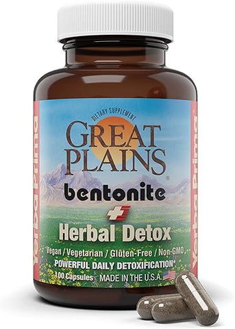 Bentonite Clay Plus Herbal Detox – 100 Cápsulas Vegetais – Argila de Grau Alimentício das Grandes Planícies, EUA – Desintoxicação do Cólon - Yerba Prima