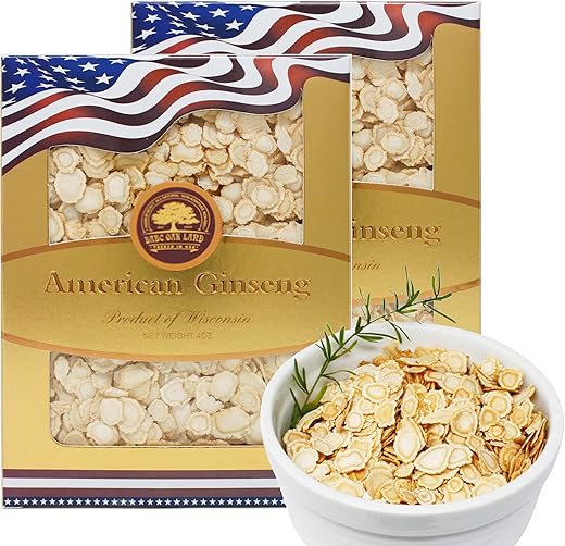 DABC OAK LAND - Ginseng Americano em Fatias de Wisconsin (Raiz de Ginseng em Fatias) – Cultivado em Wisconsin! Ideal para Chá de Ginseng! Benefícios para a Saúde! (Fatias de Ginseng Americano (Pequenas e Redondas), 2g)