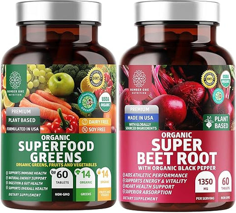 Number One Nutrition - N1N Premium e Orgânico Superfood Greens e Beet Root Tablets para Imunidade e Suporte Antioxidante, Embalados com Alfafa, Spirulina e Cevada, 120 comprimidos – Número Um Nutrição