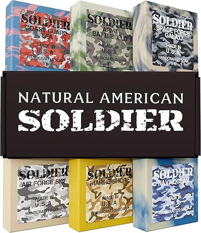 NATURAL AMERICAN - Sabonete Orgânico Masculino, Aromas Masculinos, Sabonete 100% Natural para Homens – Óleos Essenciais, Manteiga de Karité Orgânica, Sabonete Natural para o Corpo – SOLDIER Body Soap 150g (6 unid)