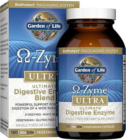 Suplemento Digestivo Vegetariano Omega Zyme Ultra Enzima Blend para Digestão, Inchaço, Gases e SII, 180 Cápsulas - Garden of Life
