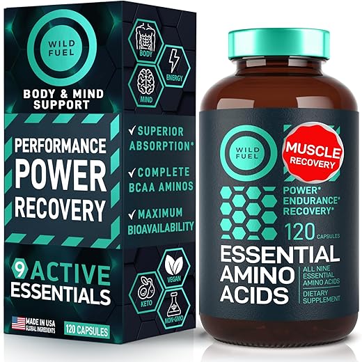 WILD FUEL - Suplemento de Aminoácidos Essenciais – Complexo de Aminoácidos 3.000mg com os 9 Melhores Aminoácidos para Crescimento Muscular, Potência e Recuperação – Leucina, Lisina, Isoleucina, Triptofano – 3g