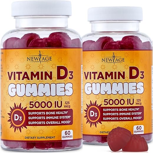 Gummies Vitamina D3 5000 UI 125mcg – Suporte Imunológico e Saúde Óssea – Sem OGM, Sem Glúten, Sem Laticínios, Sem Gelatina (120 Gummies – Pack com 2) - NEW AGE