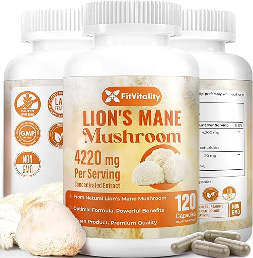 FITVITALITY - Cápsulas de Extrato de Cogumelo do Leão Premium 120, 4220mg por Porção, Suprimento de 60 Dias – 100% de Cogumelo do Leão Natural, Cápsulas Veganas, Livre de OGM e Glúten