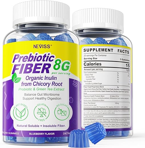 NEVISS - Fiber Gummies para Adultos 8g com Probióticos, Extrato de Chá Verde, Sem Adição de Açúcar, Suplemento de Fibra Prebiótica à Base de Plantas para Saúde Digestiva, Regularidade e Imunidade