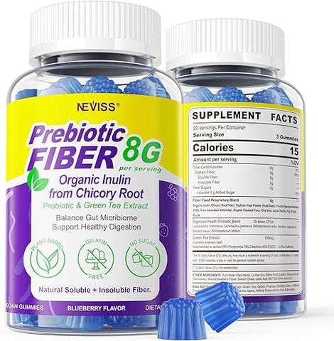 NEVISS - Fiber Gummies para Adultos 8g com Probióticos, Extrato de Chá Verde, Sem Adição de Açúcar, Suplemento de Fibra Prebiótica à Base de Plantas para Saúde Digestiva, Regularidade e Imunidade