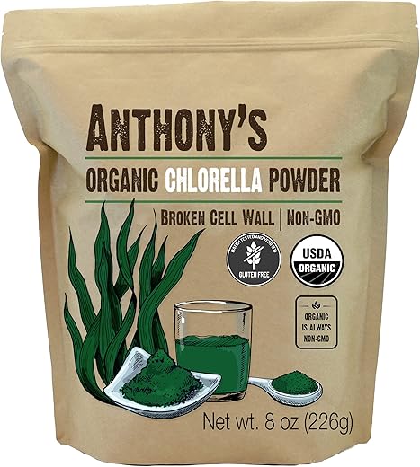 Anthony's - Chlorella Orgânica em Pó Anthony, 227g, Não Transgênico, Sem Glúten, Parede Celular Quebrada